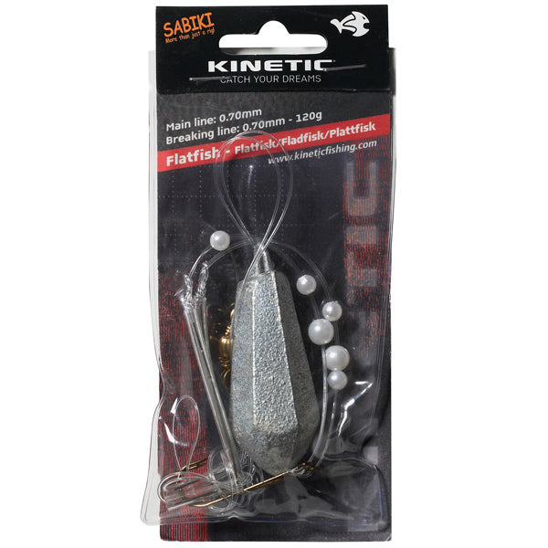 Kinetic, Sabiki plattfiskledare, 120g, #1/0, 0,70 mm nylonlina, pärlemorskimrande pärlor