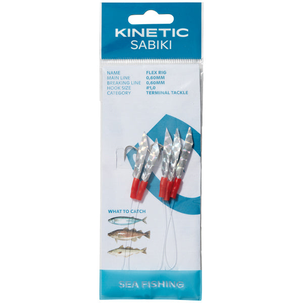 Kinetic, Sabiki Holo-Flex Rig #1/0, Silver Flex, femkrok med reflekterande tejp
