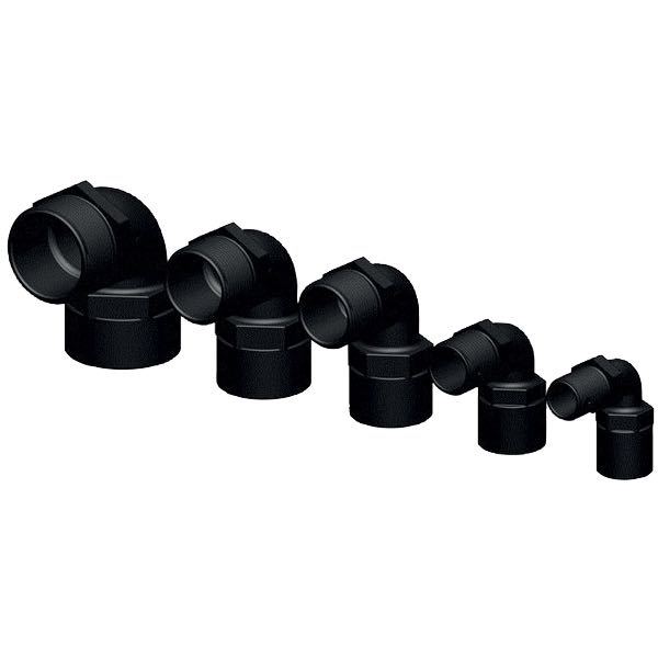 Trudesign, 90° vinkel, 1 1/4" hane/female-gänga, svart komposit
