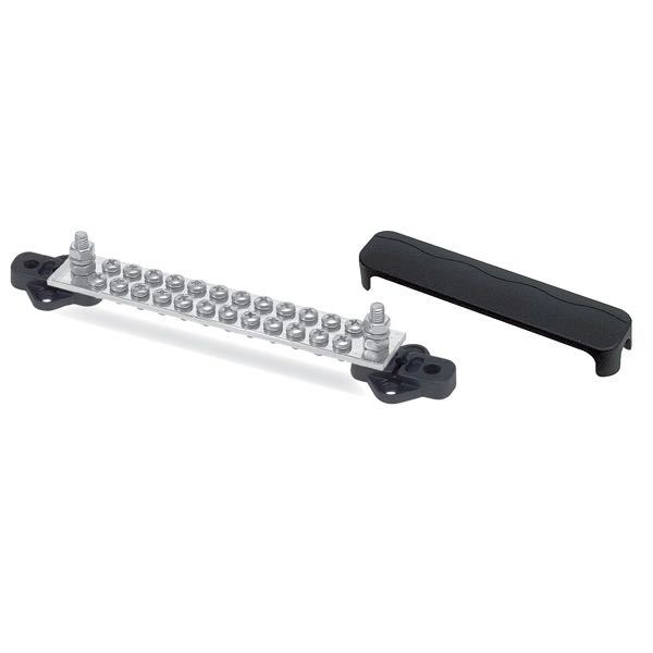 BEP, Elektrisk kopplingsplint med lock, 2 ingångar / 24 utgångar, 150 A, 204 mm, förtennad mässing, Max 48V DC / 300V AC