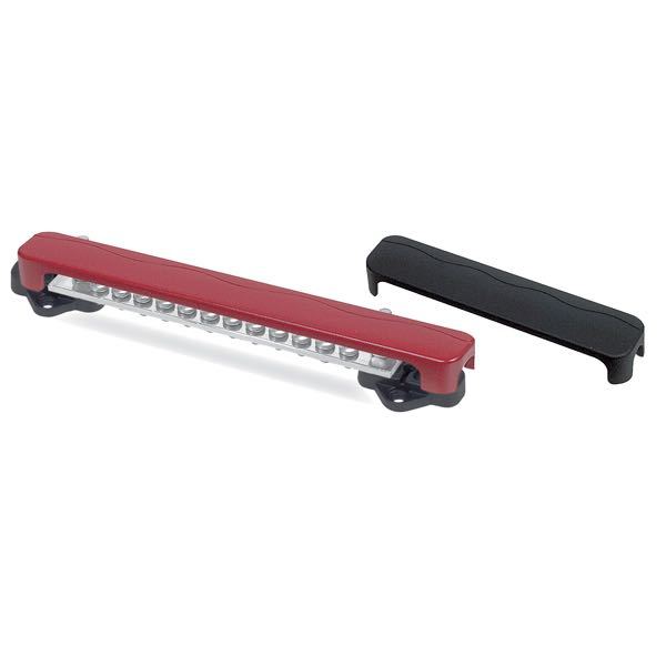 BEP, Dubbel samlingsskena 2x2 in / 12x12 ut, 100 A, Svart/Röd, 173 mm