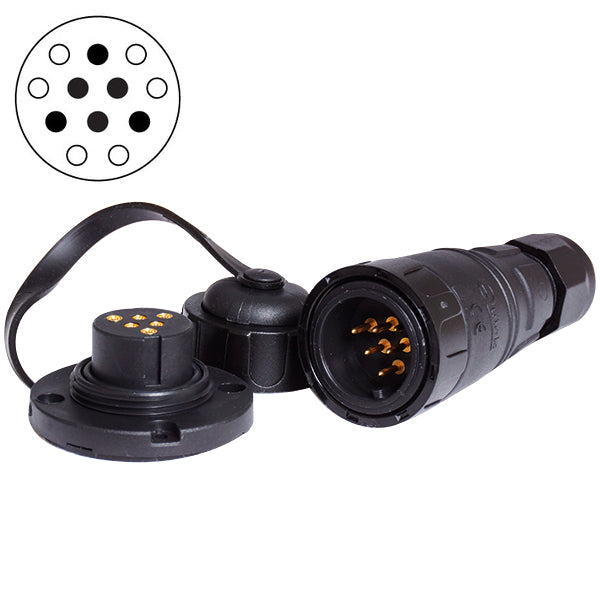Snabb, vattentät däckkontakt 6-polig, max 12 A, IP67, guldpläterade kontakter