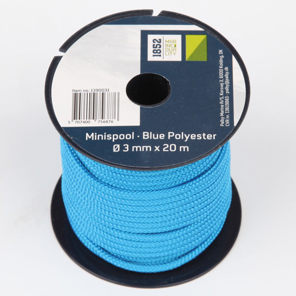 Minirulle i blå Polyester Ø3mm x 20m fra 1852, præsenteret på en hvid baggrund