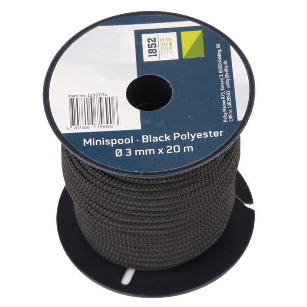 Minirulle med sort polyester, Ø3mm x 20m, fra 1852.