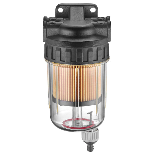 SeaTec, Bränslefilter 10 mikron, svart aluminium, klart glas med dränering, 3/8"-gänga, passar 10 mm slang