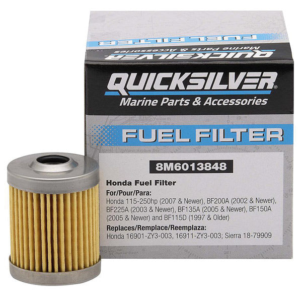 Quicksilver brændstoffilter vist fra siden, ideelt til bådmotorer med 115-250 hk.