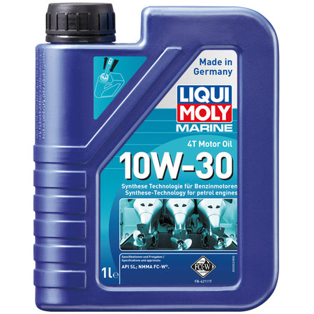 Liqui Moly motorolie til bådmotorer, vist med sidevisning af dunken.