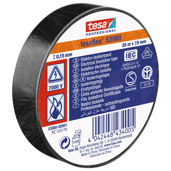 Tesa, Isoleringstejp, 19 mm x 20 m, Svart, S-märkt, Max 90º C, IEX-godkänd