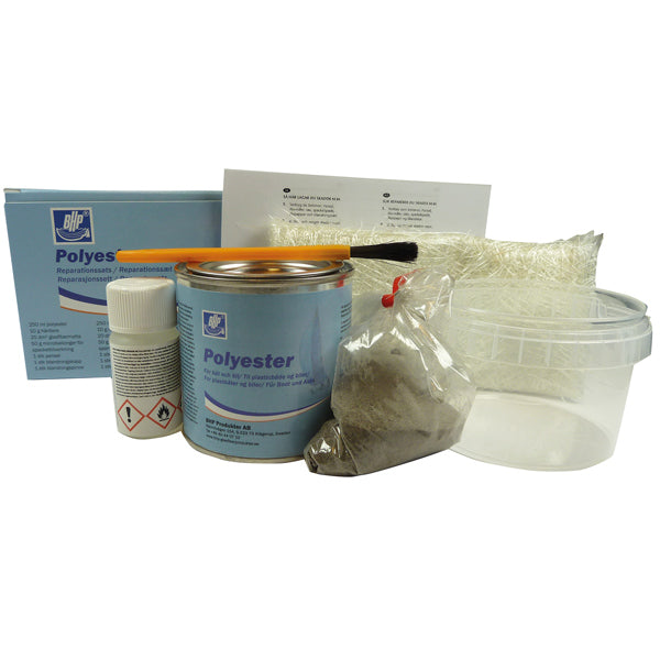 BHP, reparationssats för glasfiber, 250 ml polyester, 10 g härdare, 20 dm² glasfibermatta, 50 g mikroballonger
