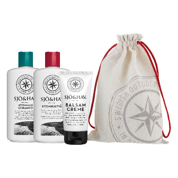 Sjö&Hav, Summer Kit 3 med Salt Water Soap, Salt Water Shampoo och Leave-in Conditioner Creme, inkl. påse av återvunnen bomull